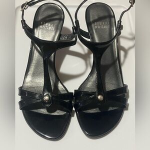 Stuart Weitzman Black Strappy Patent Leather Sandals Heels, Sz 7M